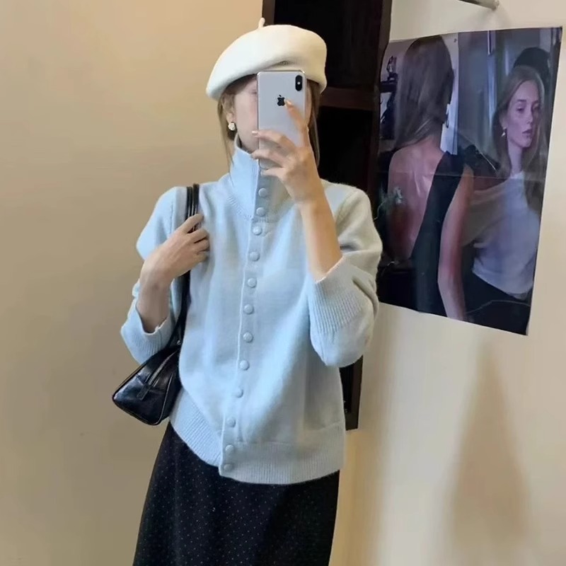 高级感蓝色高领毛衣外套开衫上衣