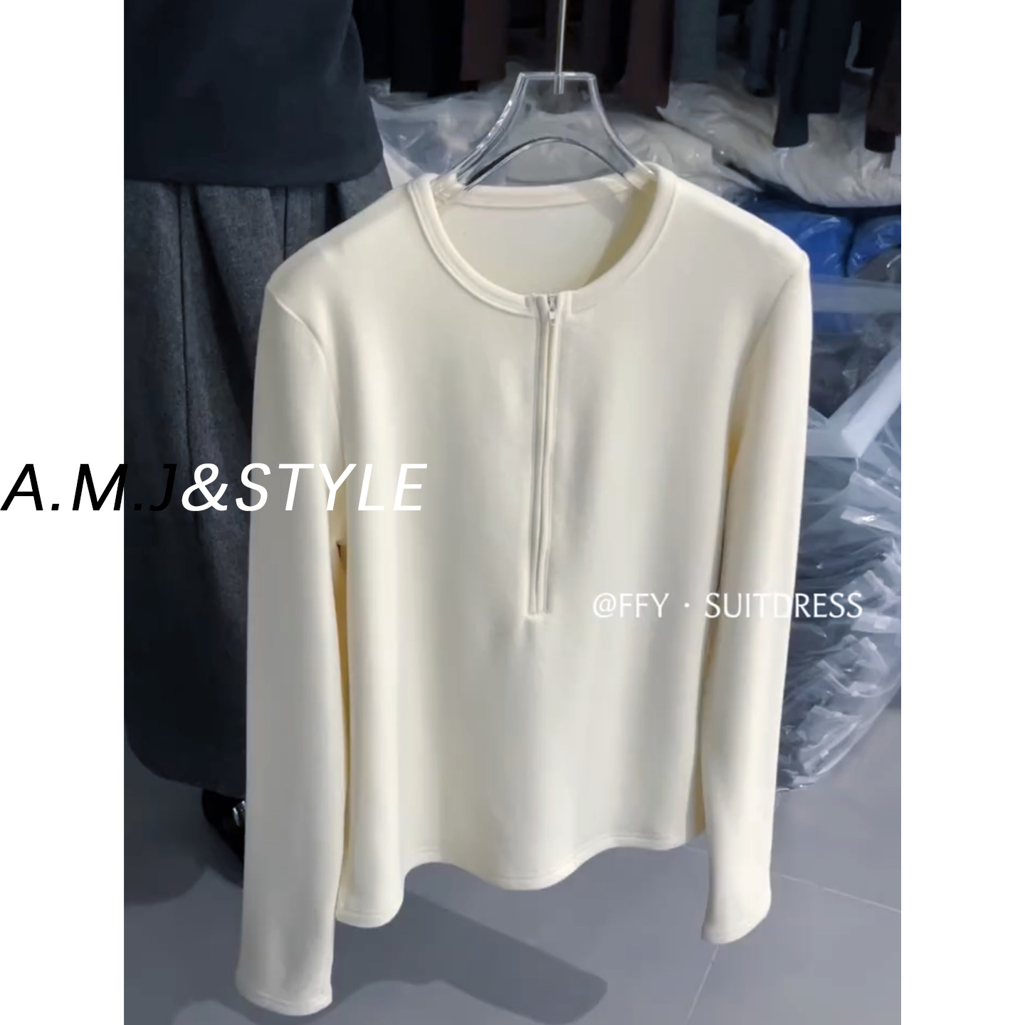 半开领拉链圆领长袖T恤
