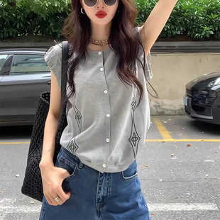 上衣高级感轻奢减龄洋气设计感小众独特别致灰色T恤女夏 欧货爆款