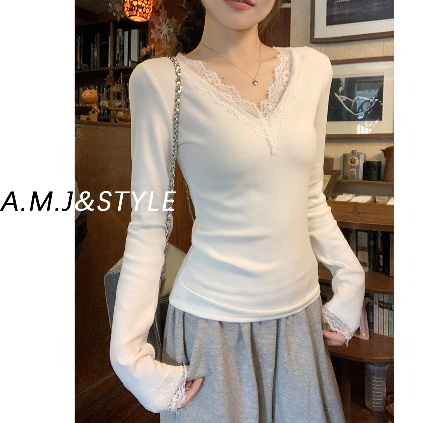 白色纯欲蕾丝长袖t恤打底衫女