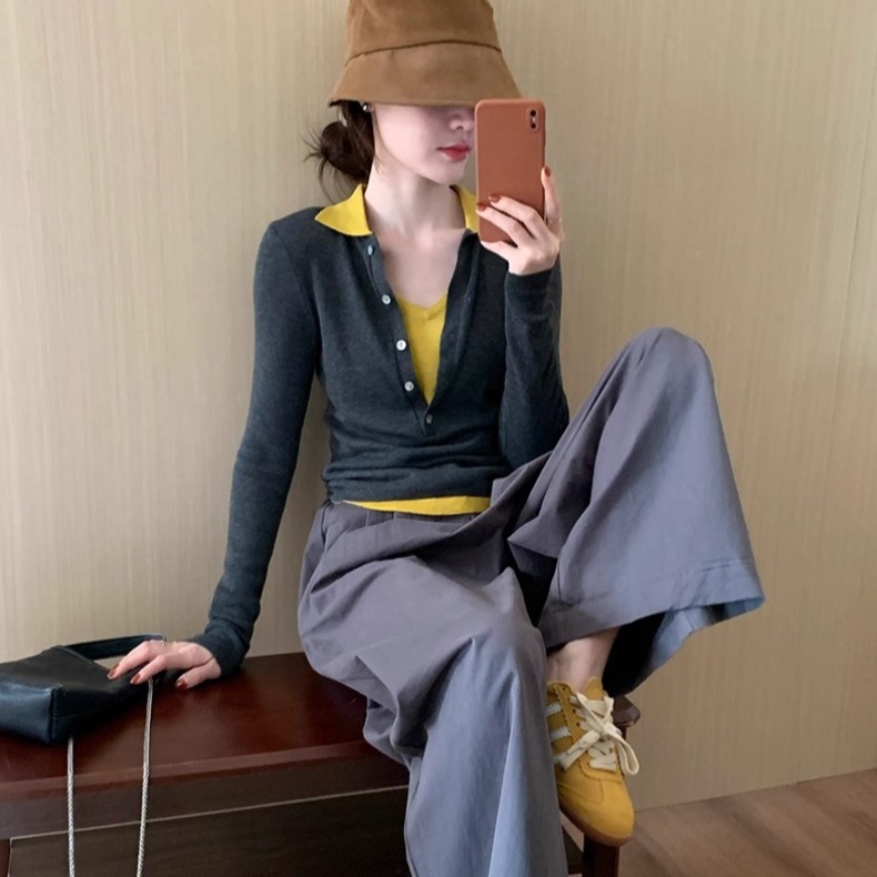 撞色拼接设计感翻领假两件针织衫