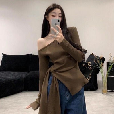 小个子不规则绑带斜肩长袖t恤女