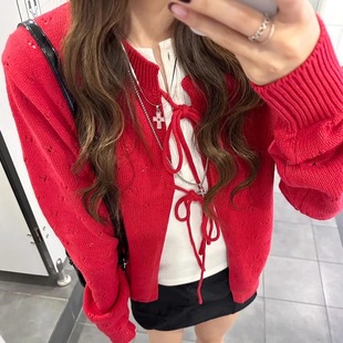 新年红色毛衣女款2025新款春季穿搭慵懒风高级感宽松针织开衫外套