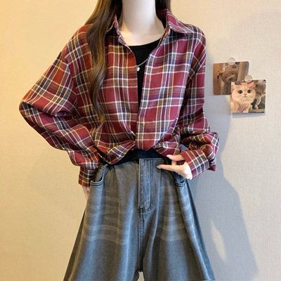 【送运费险】红色格子长袖衬衫女