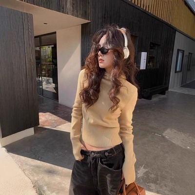 美式高领短款内搭连帽套头毛衣