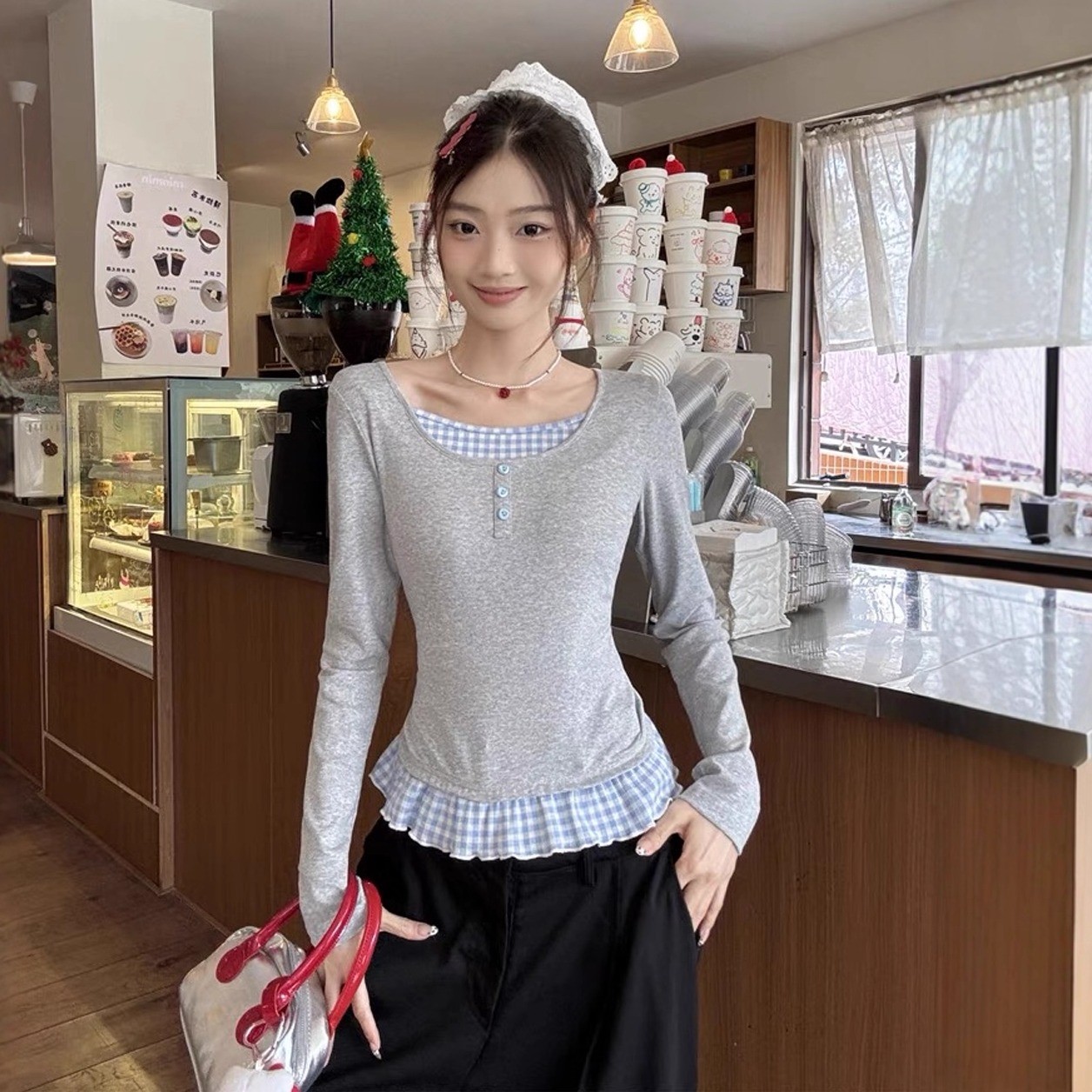 韩系格子拼接假两件长袖T恤女