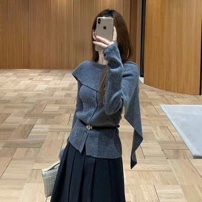 法式灰色斗篷领长袖针织衫女秋冬