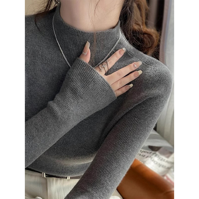 灰色半高领打底衫女秋冬内搭上衣2025新款高级感修身针织衫毛衣潮