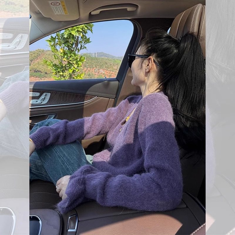 温柔风紫色V领马海毛开衫毛衣