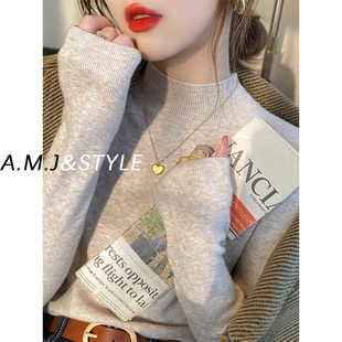 黑色长袖打底衫女秋冬白色半高领大衣内搭高级感紧身套头针织毛衣