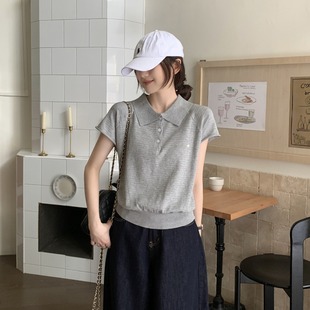 休闲独特小上衣 灰色Polo领t恤女夏季 新款 正肩翻领冰丝短袖 针织衫