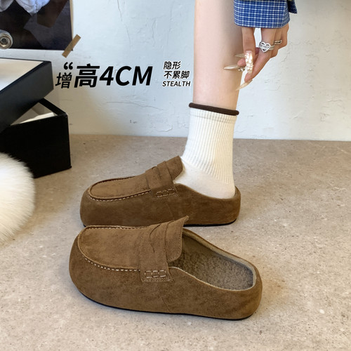春秋新款真皮厚底加绒懒人鞋子女