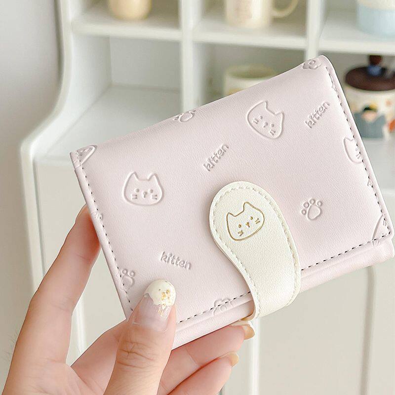 新款可爱猫咪钱包卡通三折软皮质感高颜值大容量防磁卡包钱包一体