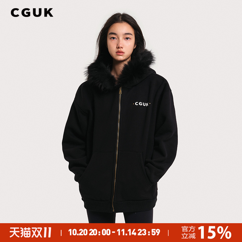 【戴燕妮同款】CGUK新款卫衣毛领连帽抓绒卫衣外套情侣款