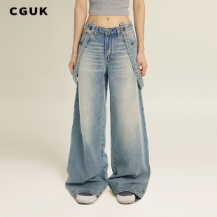 可调节背带裤 CGUK低腰大阔腿背带牛仔裤 明星同款