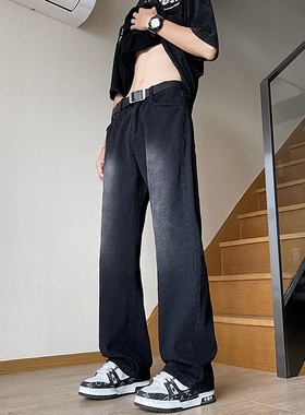 CeTky美式高街中高腰提档裤子男高个子复古蓝牛仔裤直筒微喇裤