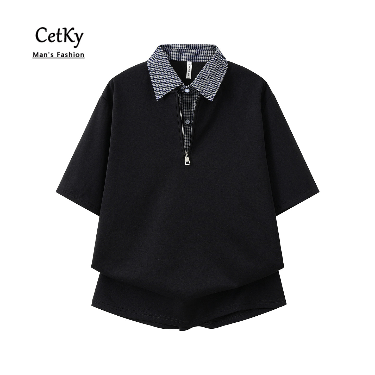CeTky美式假两件半拉链短袖POLO衫男士夏季痞帅高级感正肩重磅T恤