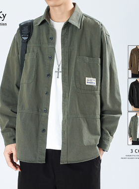 CeTky春季新款工装衬衫夹克外套男士日系宽松休闲翻领长袖衬衣男