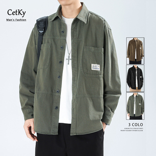 新款 日系宽松休闲翻领长袖 工装 夹克外套男士 衬衣男 衬衫 CeTky春季