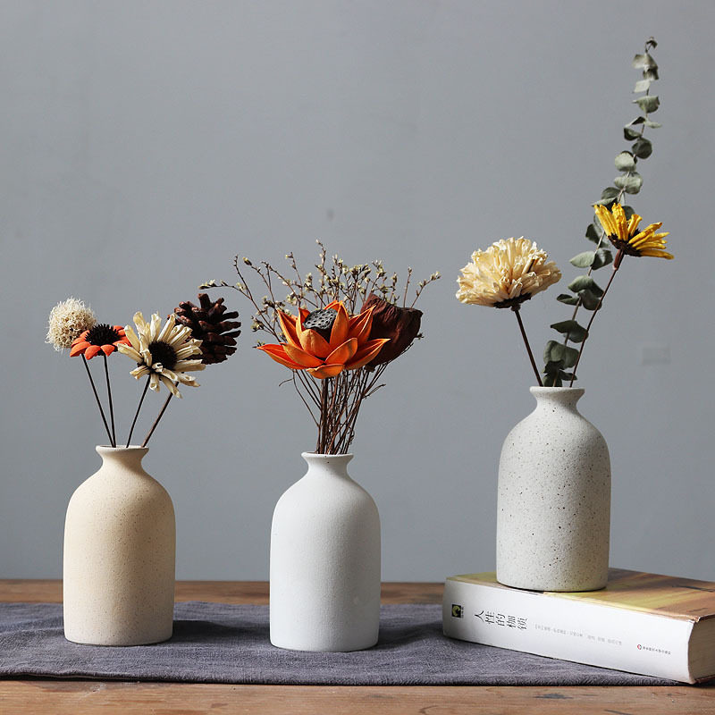 手工粗陶细口小花瓶陶瓷北欧复古禅意古朴干花插花摆件小花器日式