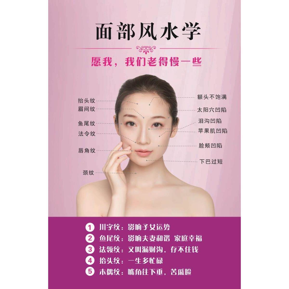 祛皱海报脸部皱纹整形广告微整图片面部风水学宣传画逆龄抗衰挂画