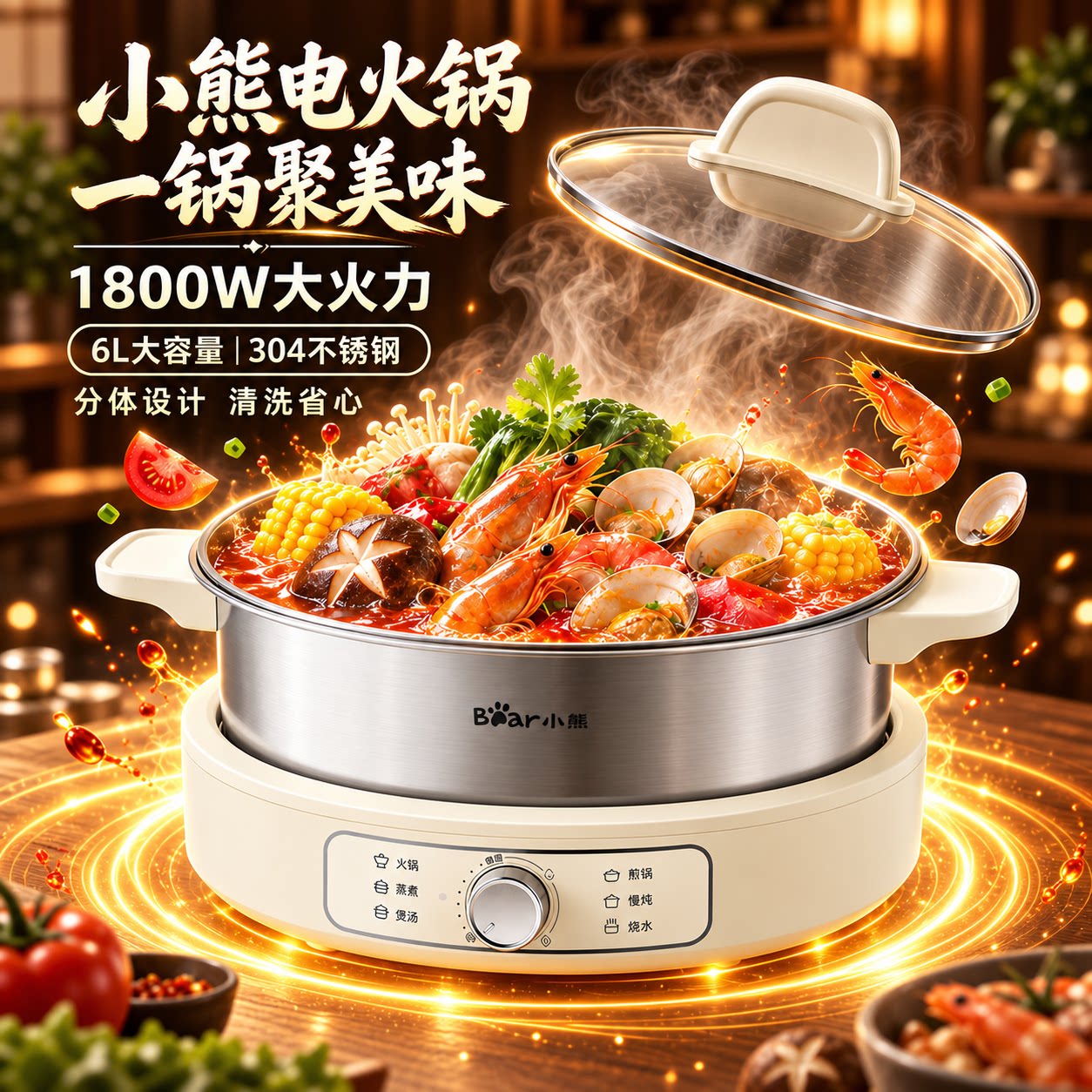 小熊电火锅0涂层不锈钢家用电煮锅分体式多功能速沸电热锅电炒锅