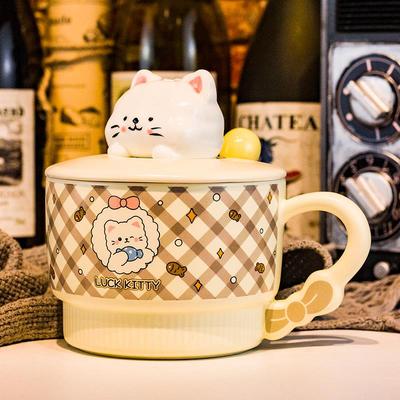 燕麦碗早餐碗带勺子盖家用马克杯大容量大号陶瓷酸奶可爱猫咪儿童