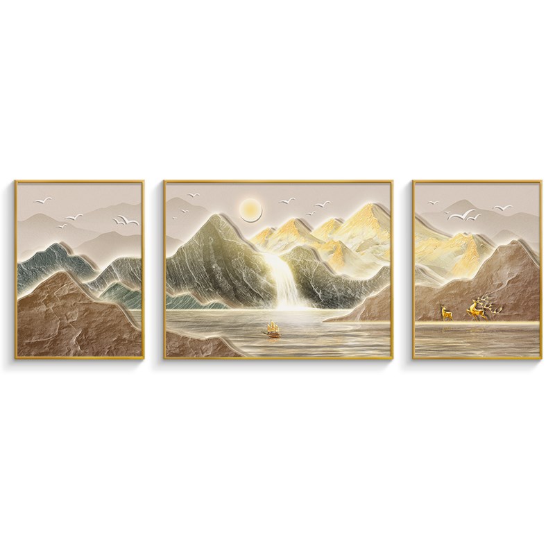 日照金山客厅h装饰画轻奢高级感沙发背景墙挂画山水画大气三联壁