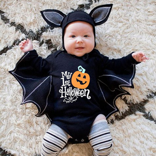 婴儿连体衣宝宝衣服长袖 万圣节服装 哈衣可爱卡通蝙蝠造型派对爬服