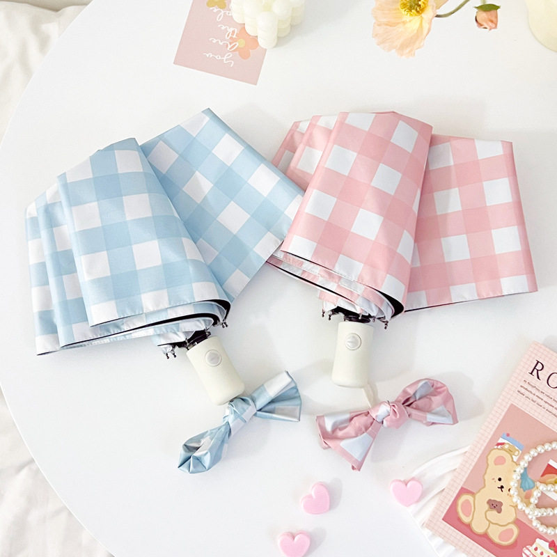 马卡龙简约可爱格子全自动折叠雨伞遮阳伞女太阳伞女防晒防紫外线