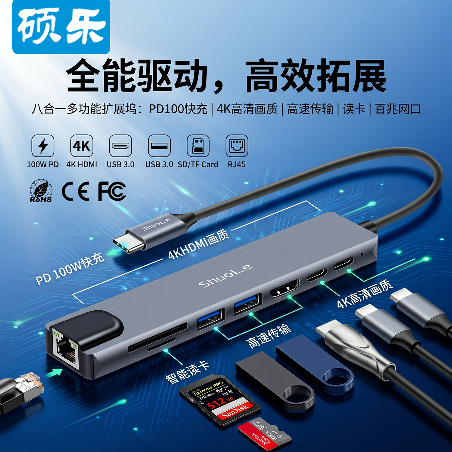 硕乐八合一扩展坞typec拓展hdmi投屏转换USB3.0分线器hub集线器网线多功能接口转接头适用于笔记本苹果16外接