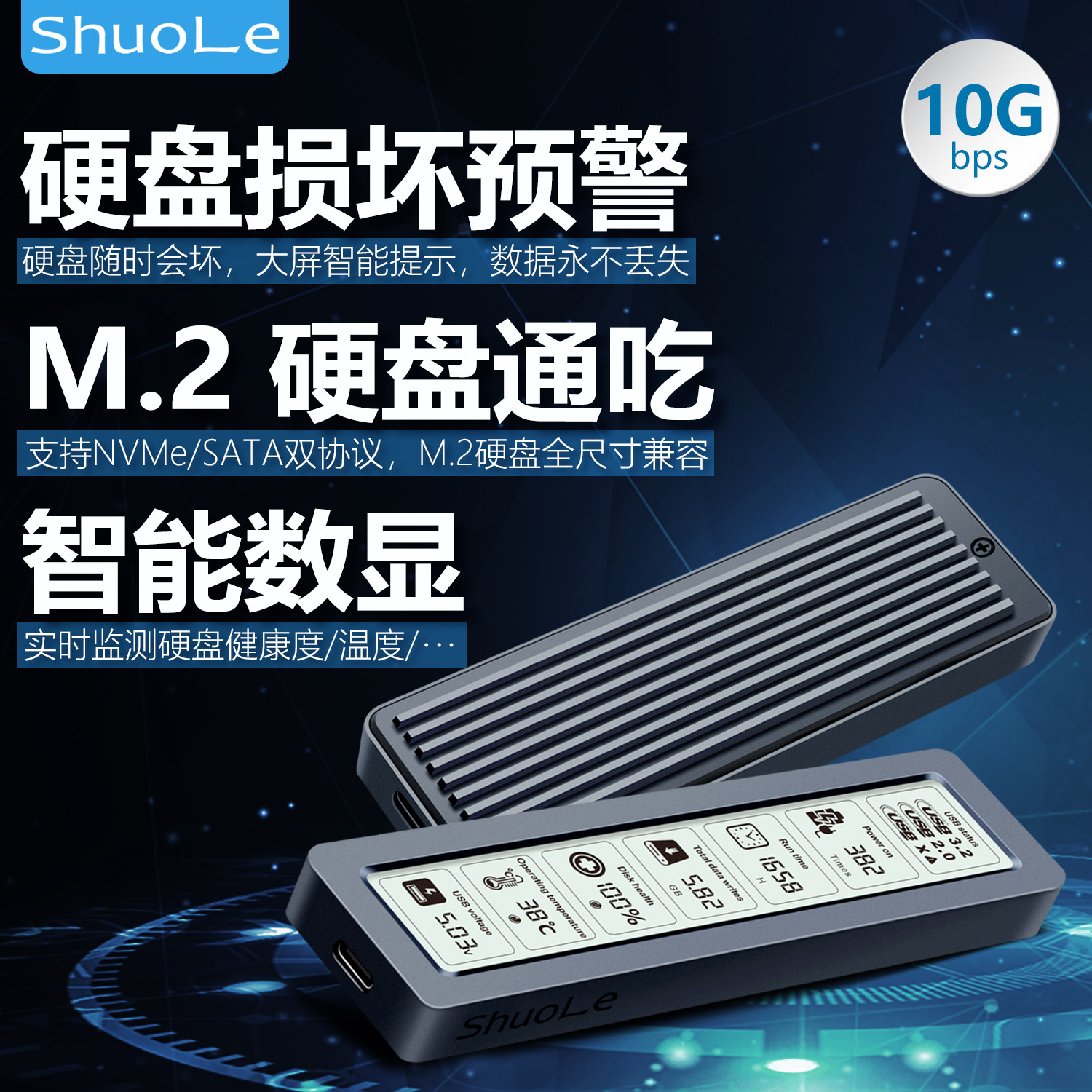 硕乐大屏智能数显固态硬盘盒子nvme/sata双协议m2移动ssd外接盒