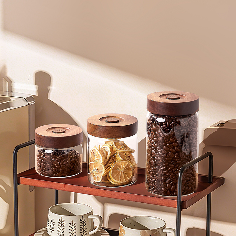单向排气咖啡豆保存罐养豆罐咖啡粉密封罐陈皮罐木盖玻璃茶叶罐