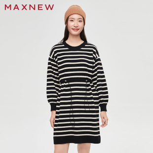 【门店同款】马恩MAXNEW女装连衣裙秋冬条纹连衣短裙圆领松紧腰内