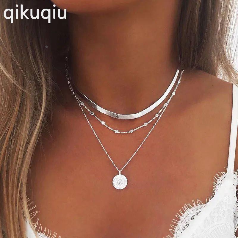 925 Sterling Silver Three-Layer Round Necklace Simple Snake0