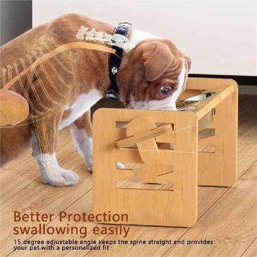 Bamboo Elevated Dog Bowls with Stand Adjustable Raised