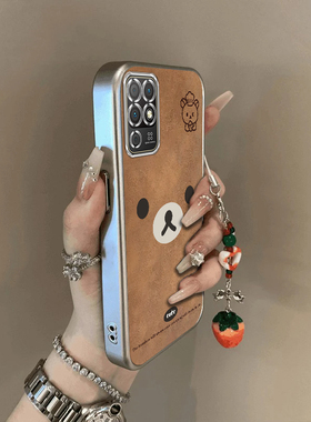 可爱棕熊适用荣耀Play5T活力版手机壳新款NZA-AL00防摔镜头全包男女挂绳电镀外壳创意保护套高级时尚小众情侣