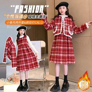 巴拉妮琪balaniqi女童冬季长袖小香风格子套装中大童红色连衣裙潮