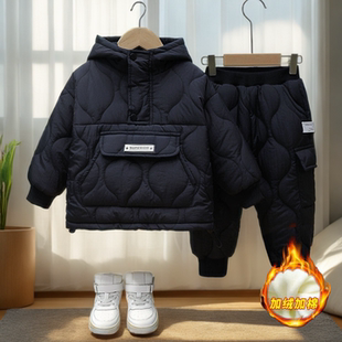 童装男童冬装加绒加厚套装2025新款中小童男孩冬季夹棉两件套潮红
