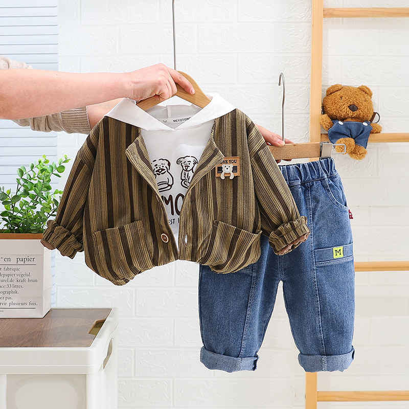 巴拉妮琪童装新款男童3件套韩版条纹外套休闲1-5岁儿童衣服牛仔裤