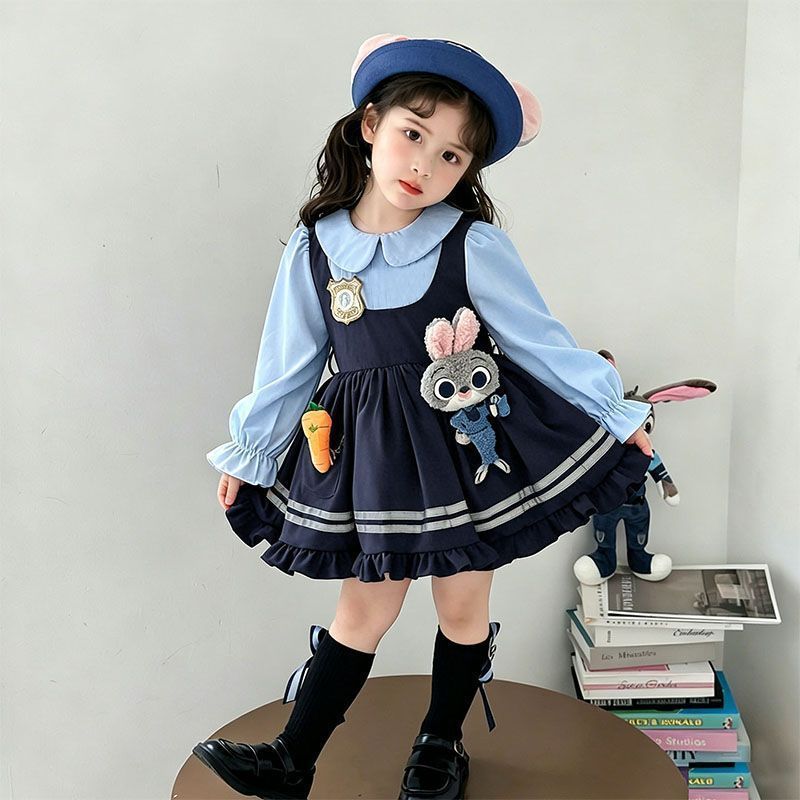 巴拉妮琪可爱兔子长袖连衣裙女童新款儿童演出服春季卡通连衣裙潮