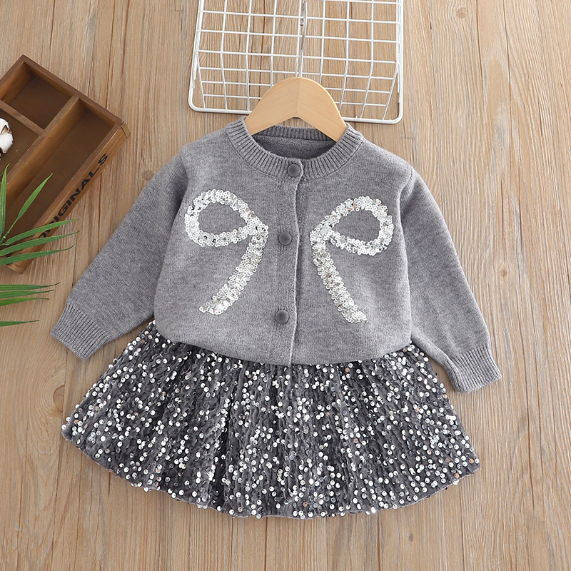 巴拉妮琪女童亮片蝴蝶结毛衣套装
