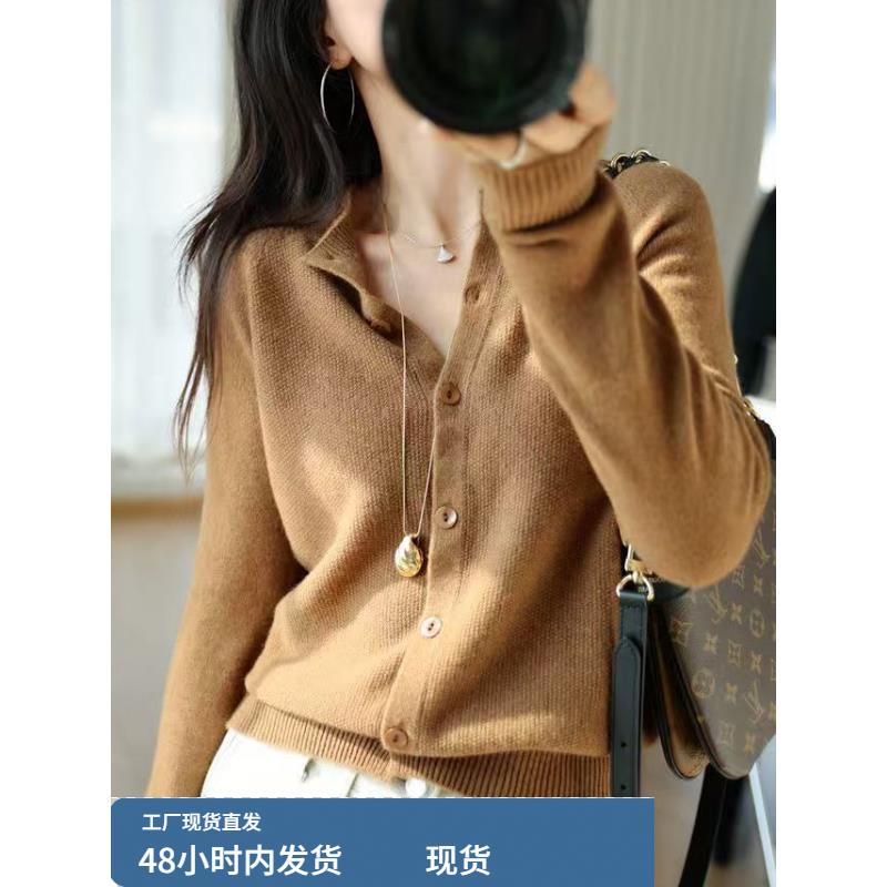 优雅气质圆领100纯羊绒针织开衫女上衣秋冬宽松短款毛衣羊毛外套