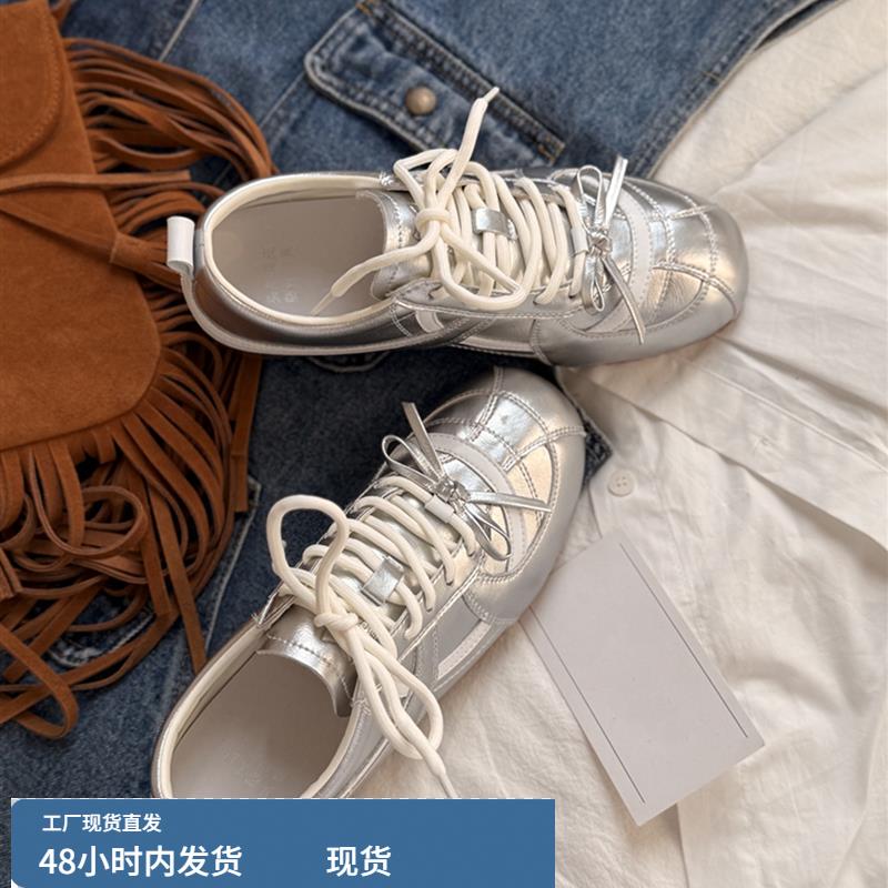 银色内增高德训鞋女款2025秋季新款平底休闲芭蕾运动鞋真皮阿甘鞋