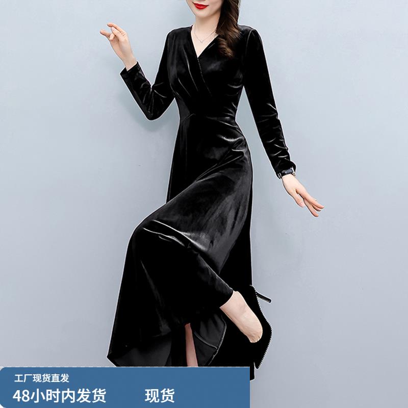 黑色金丝绒连衣裙女士2026新款秋冬季品牌高端大气上档次妈妈裙子