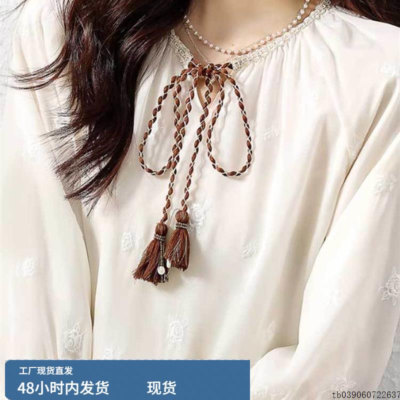 系带刺绣七分袖衬衫女秋季穿搭独特别致漂亮小衫宽松气质打底上衣