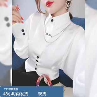 桑蚕丝白色蝙蝠泡泡袖收腰衬衫女款2026新款夏季小个子短款上衣服