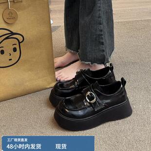 英伦风厚底小皮鞋女2025新款春季百搭真皮一脚蹬单鞋黑色乐福鞋子