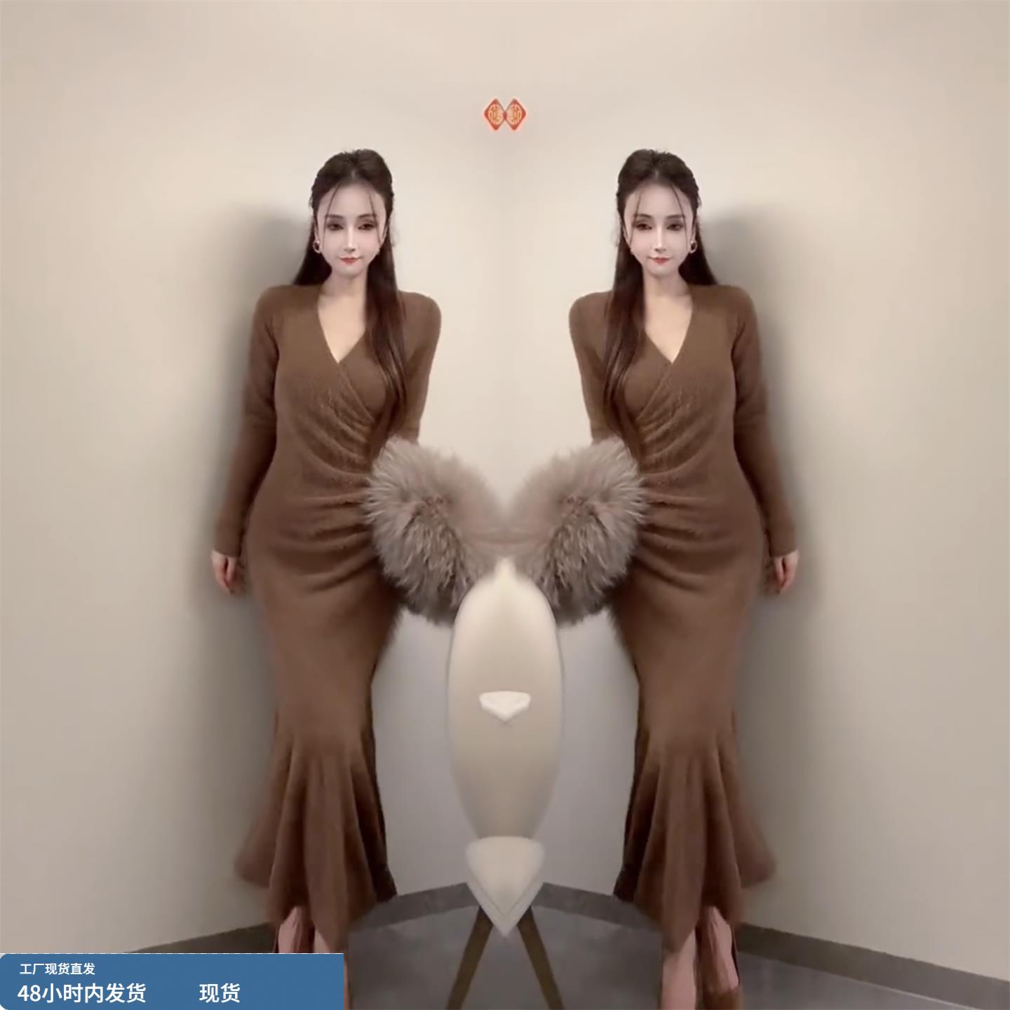 纯欲风时尚鱼尾连衣裙女2025冬季新款性感辣妹包臀一步裙收腰长裙