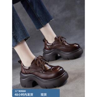 牛皮新款高跟休闲皮鞋女款小个子真皮2025秋季系带厚底乐福鞋软底